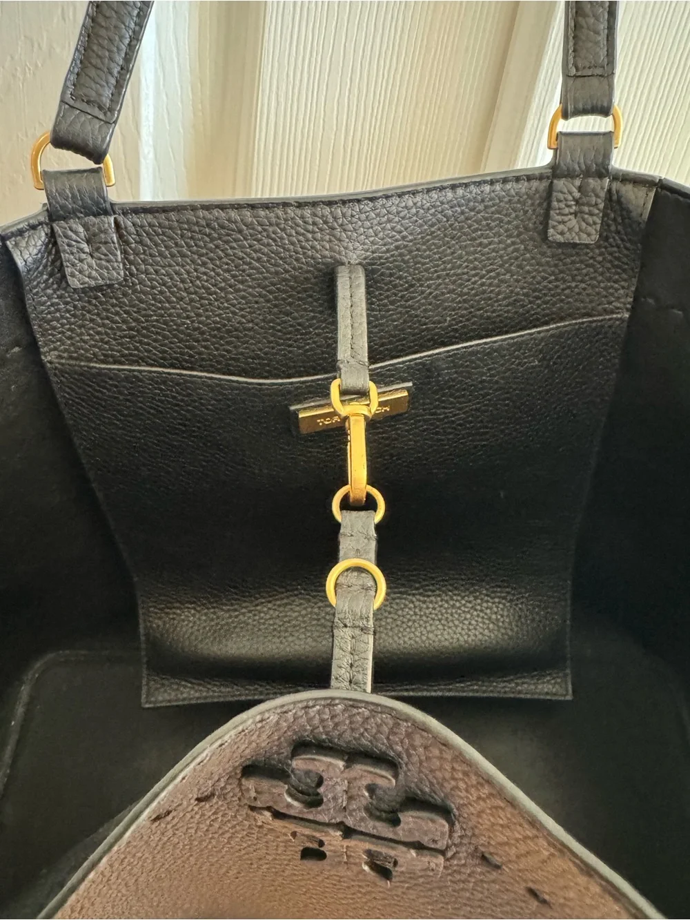 Tory Burch Black Leather Tassel Tote with Double Handles